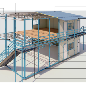 K-House steel-frame structural illustration with numbered components listed separately on the page
