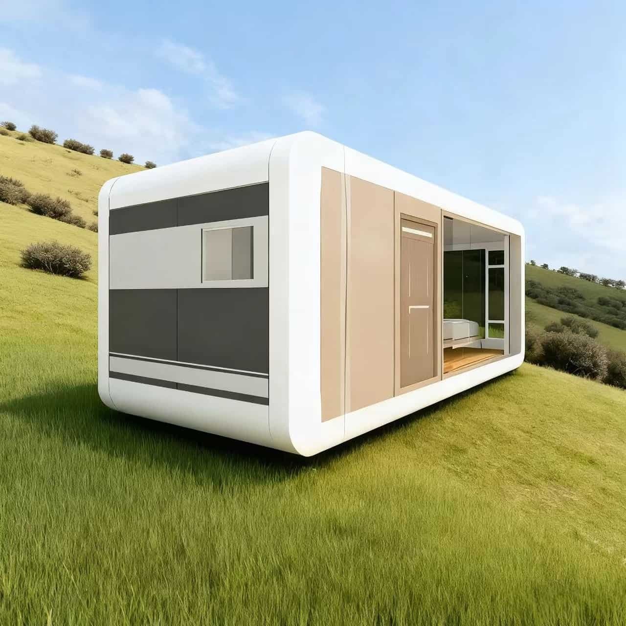 Futuristic off-grid tiny house container with large windows, modern design, and compact structure situated on a lush green hillside.