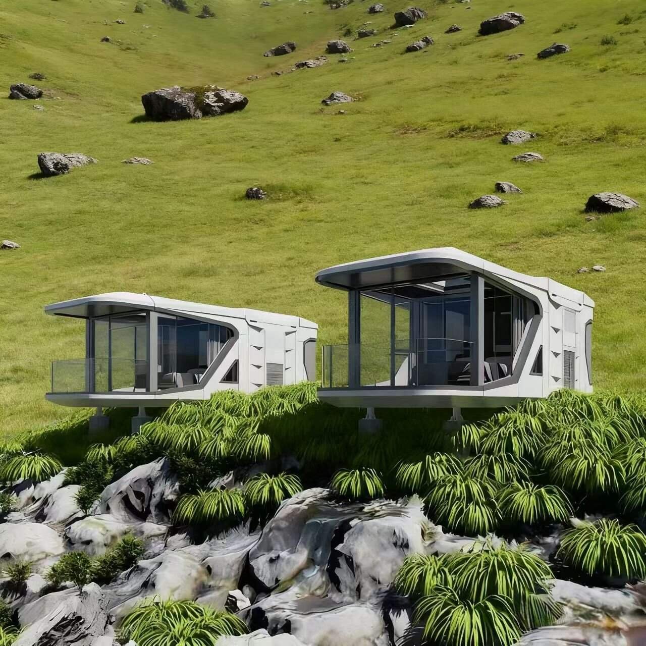 Futuristic modular tiny homes on stilts in lush green landscape with rocks, showcasing innovative prefab housing designs for modern living.