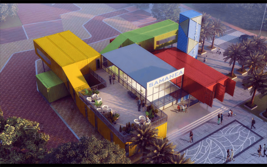 Brightly colored modular container buildings for commercial use, showcase modern prefab construction, located in an outdoor plaza with seating and landscaping for versatile, eco-friendly architecture.