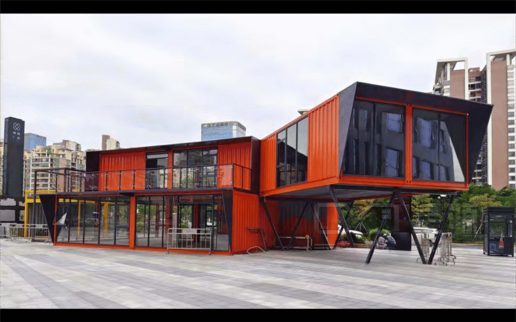 Bright orange modular container house with modern design, large windows, and elevated sections, situated in an urban environment, showcasing innovative prefab construction solutions.