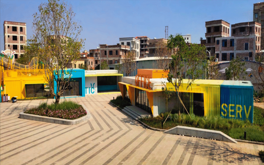 Modern modular prefabricated buildings with vibrant colors, sleek design, and sustainable construction in an urban setting ensuring quick assembly and eco-friendly living solutions.