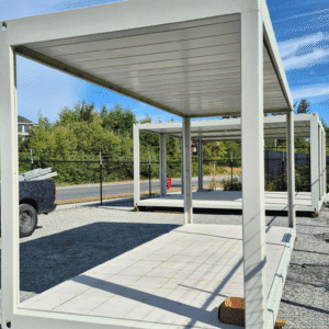 1. Modern modular tiny house with rooftop deck, designed for versatile living spaces, built with durable materials for quick assembly and customization.