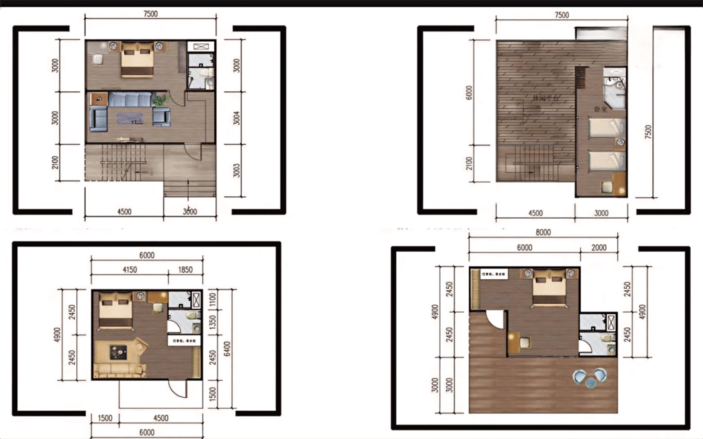 Flat-pack modular homestay guest-room floor plan