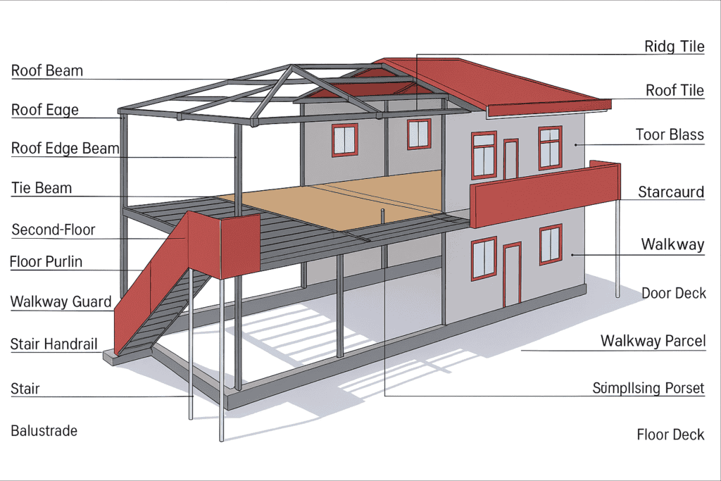 Versatile modular house design with labeled components like roof tiles, walls, and walkways, showcasing custom prefab building features for efficient construction.