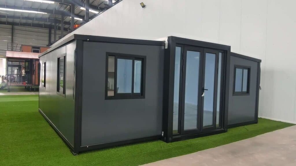 Factory-assembled modern modular container house prepared for final inspection