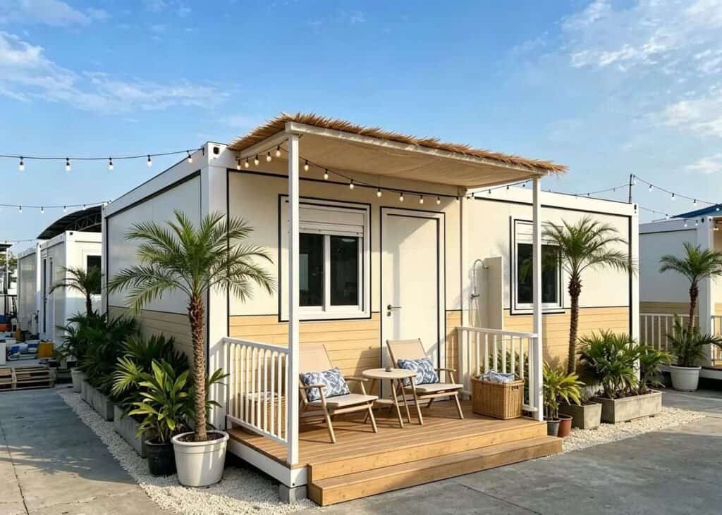 Modern prefab modular container house with covered wooden terrace and outdoor landscaping