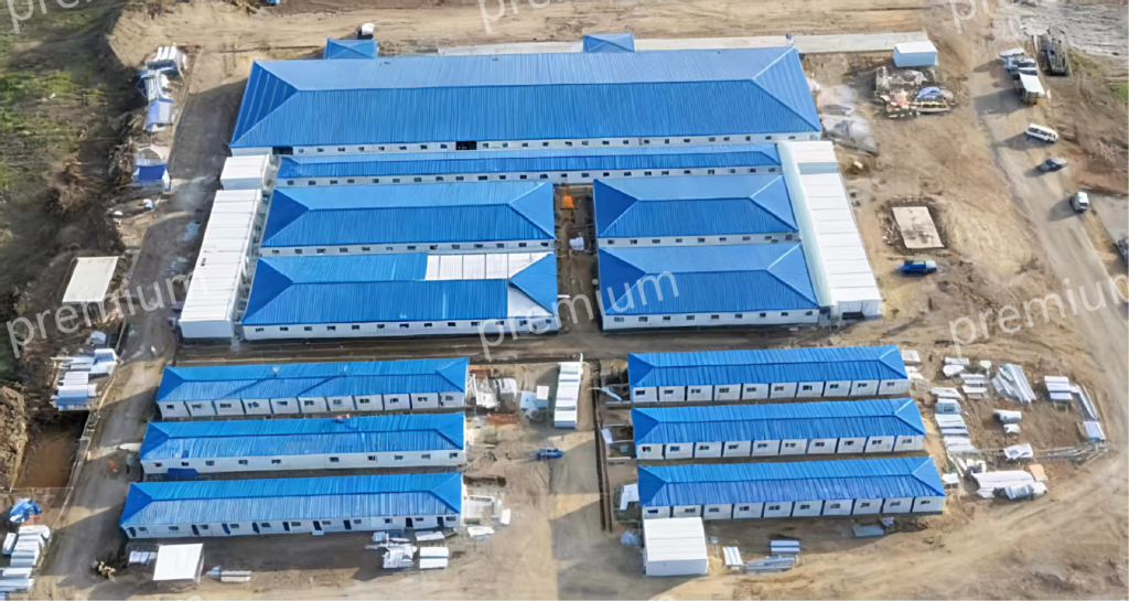 aerial view of a flat pack modular accommodation camp for a PV project