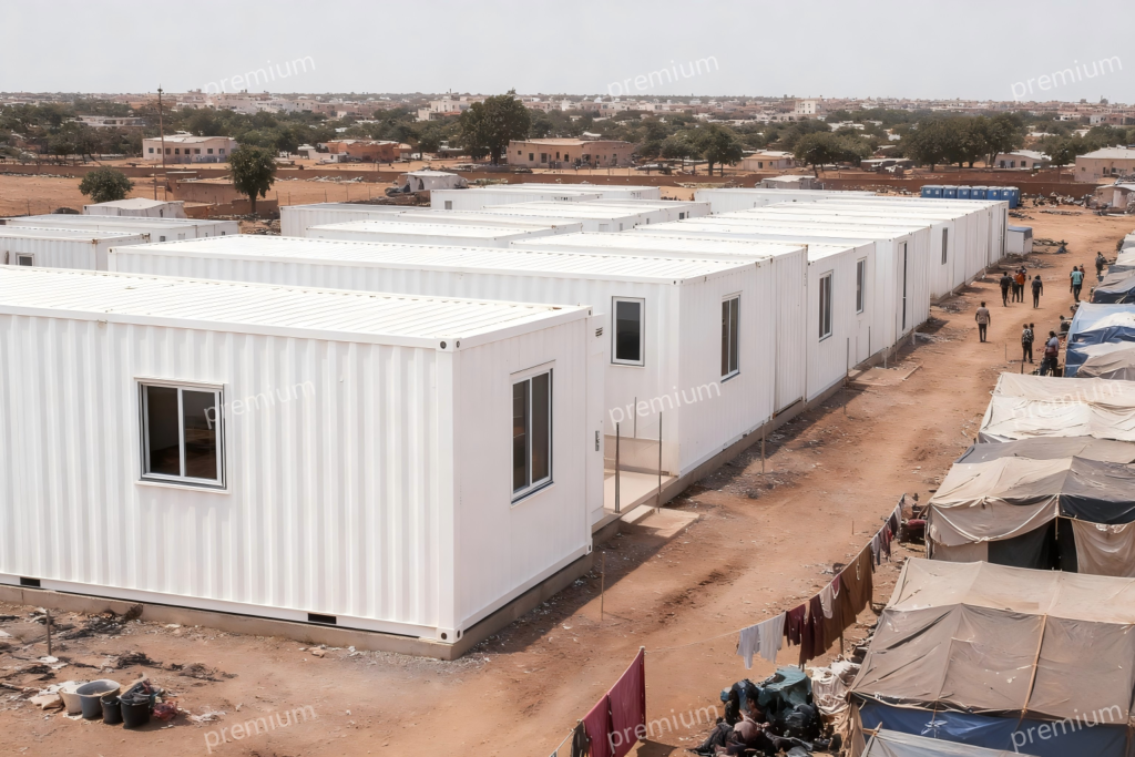 Modular humanitarian camp buildings providing accommodation for displaced communities in Africa