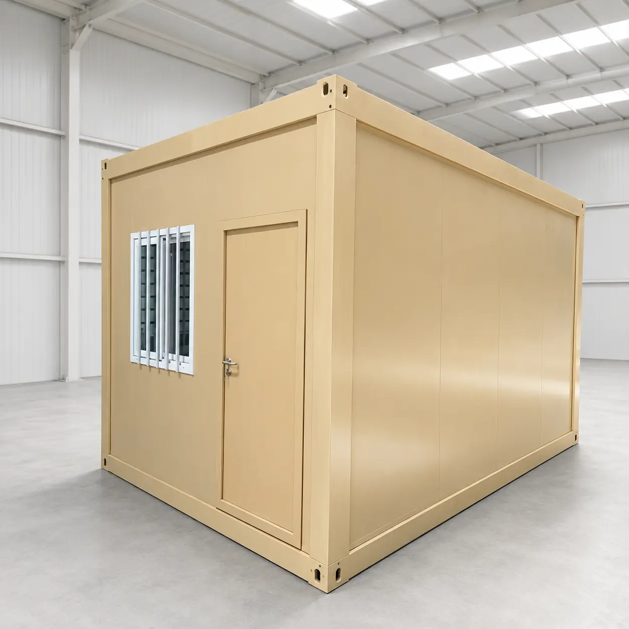 Beige Premium Modular House flat pack container unit with a steel door and barred window.