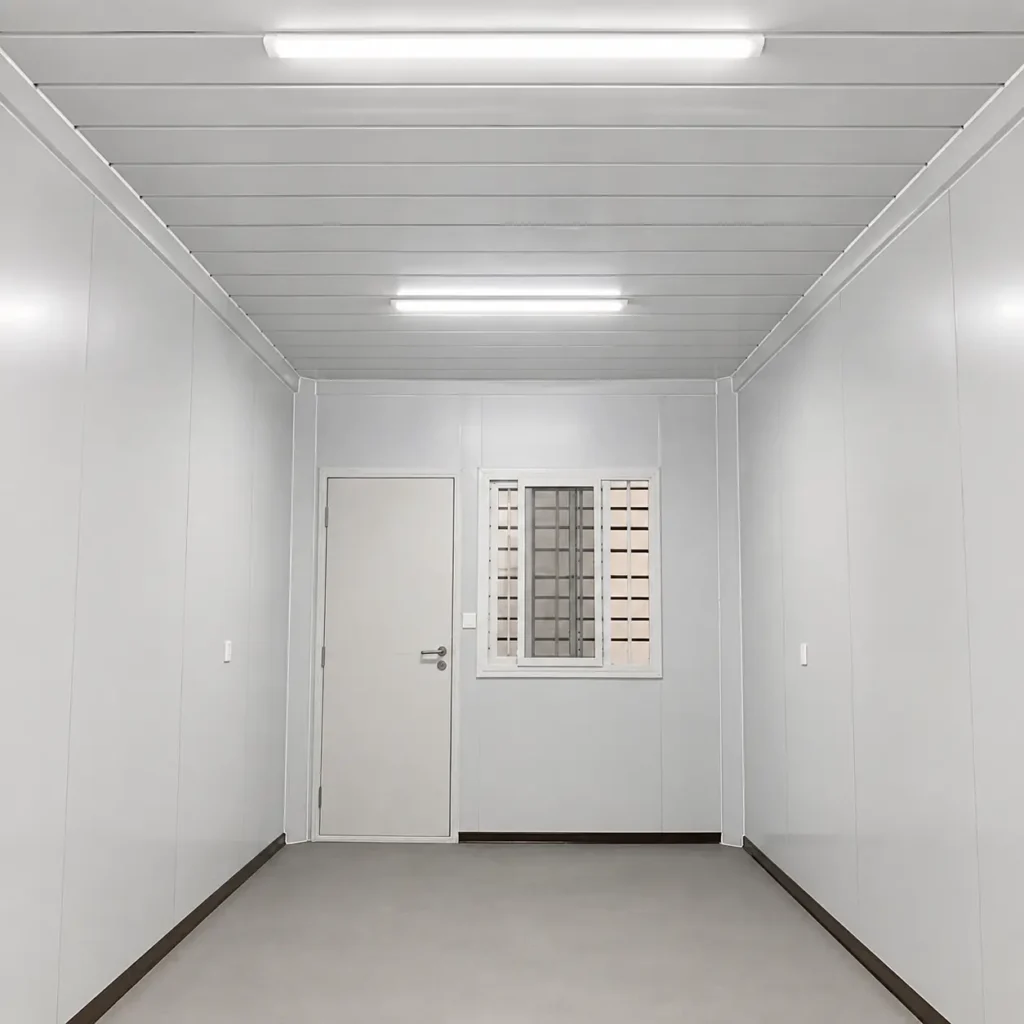 Premium Modular House flat pack container interior with a steel door, barred window, and ceiling lights.