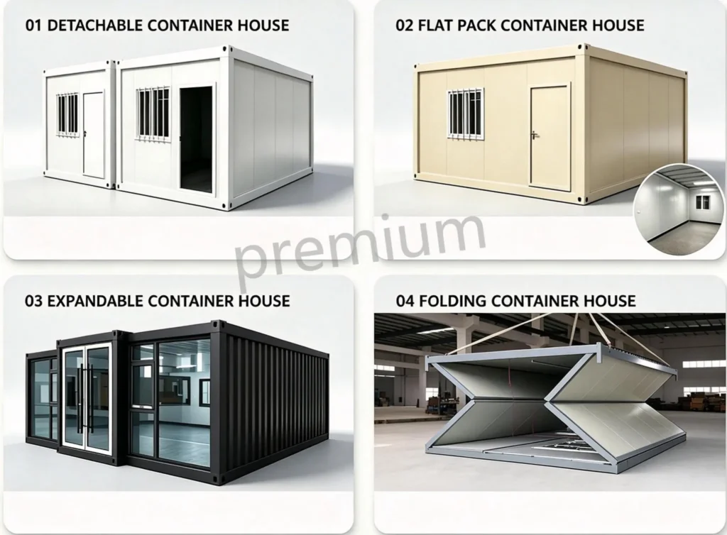 Four types of container houses from Premium Modular House: detachable, flat pack, expandable, and folding models.