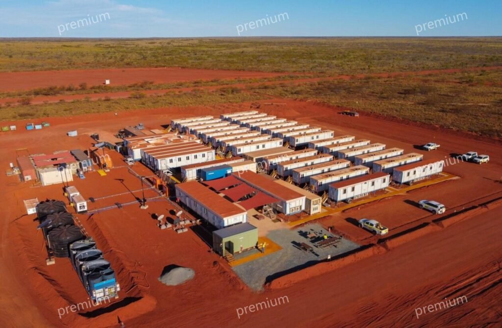 Aerial view of modular container house camp for oil mining site worker accommodation
