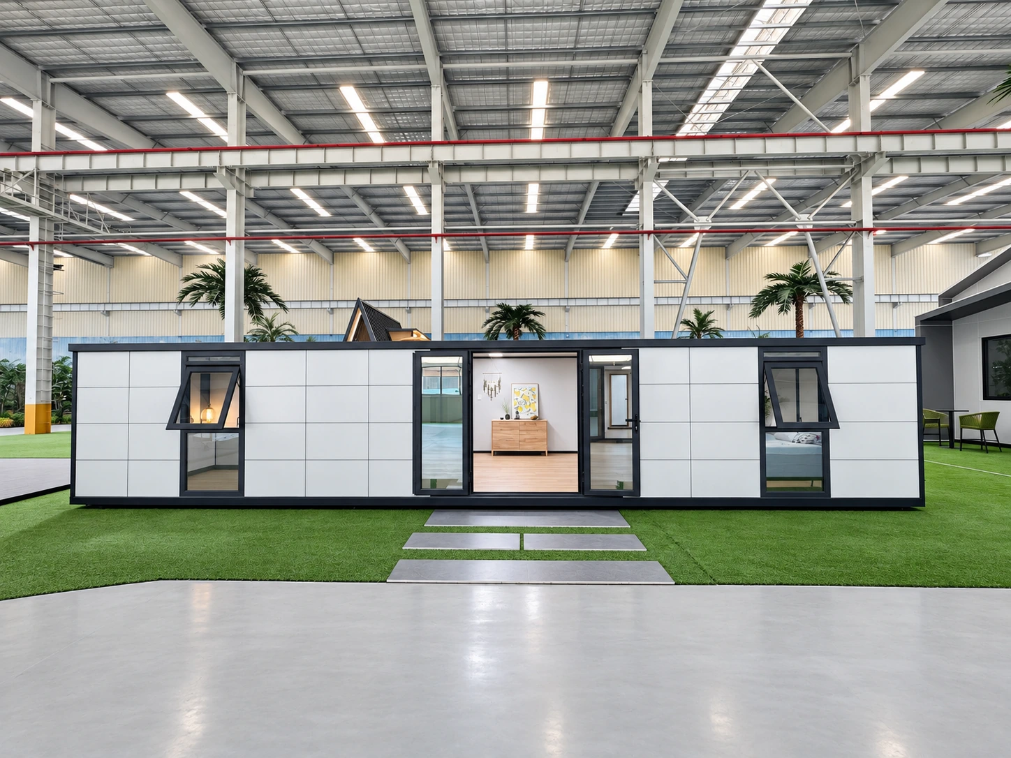 Front exterior of a 40ft double-wing expandable container house with white panels, black framing, central glazed entrance and opening windows