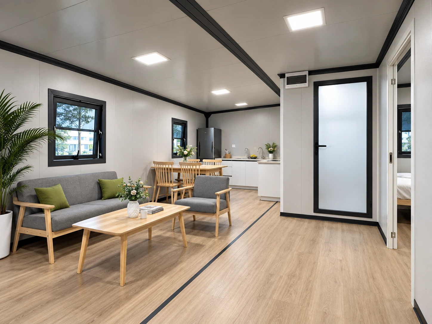 40ft expandable container house interior example with living and dining space, a kitchen and partitioned rooms