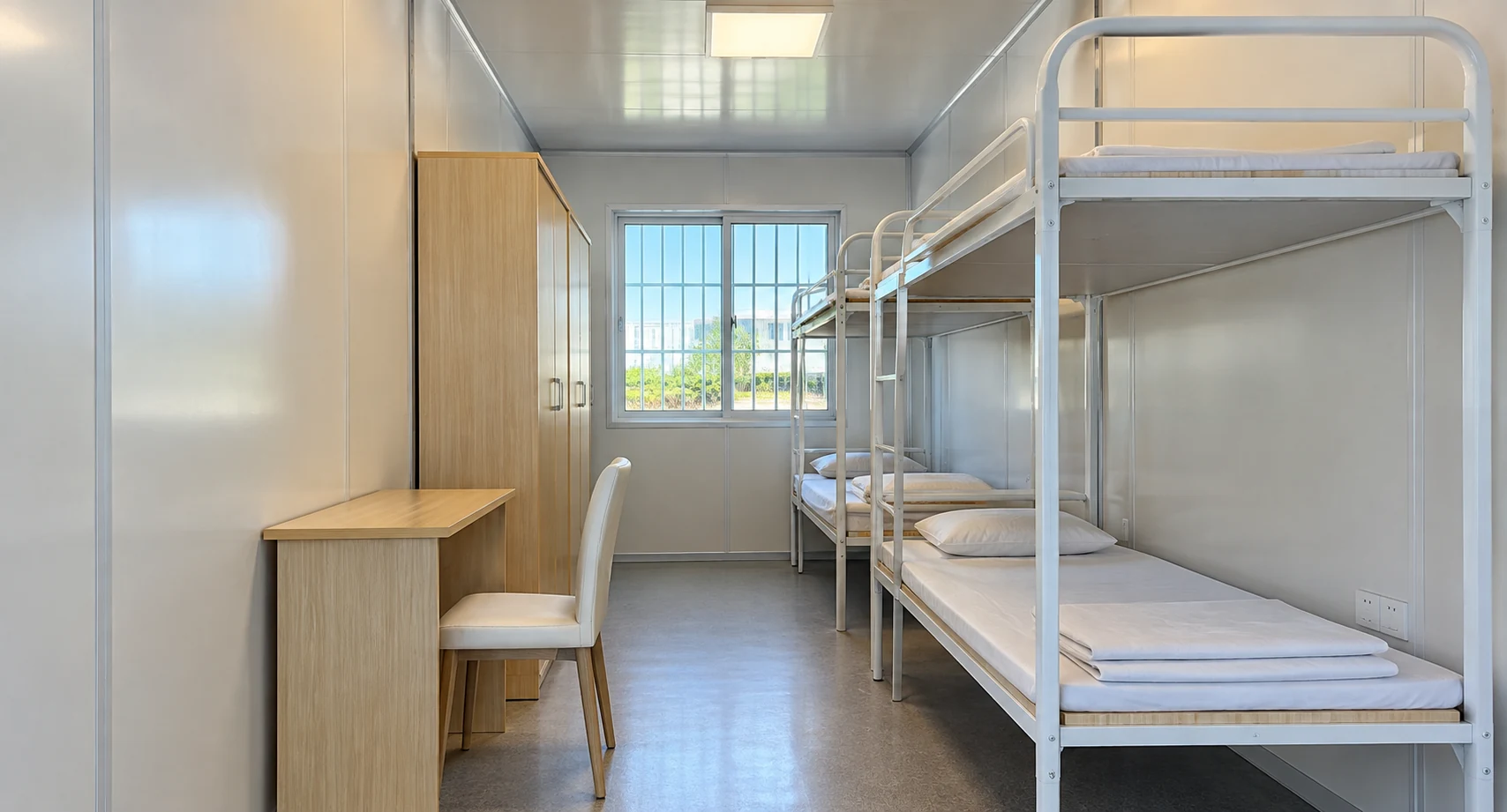 Accommodation room interior prepared with bunk beds for the 73-unit flat-pack project