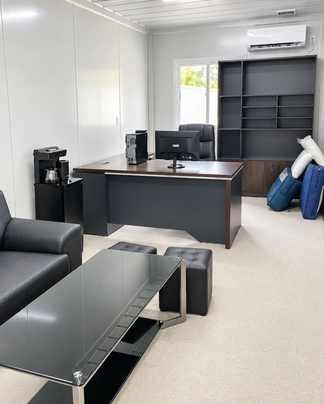 Completed office interior within the 73-unit flat-pack office and accommodation project