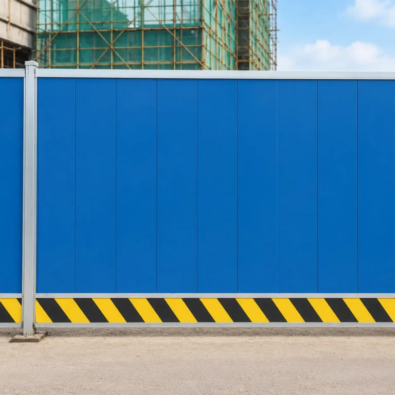 Blue construction site hoarding with black and yellow safety stripes by premiummodularhouse.