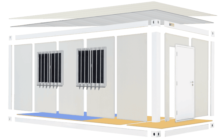 Detachable container house assembly view with separated roof, wall and floor components
