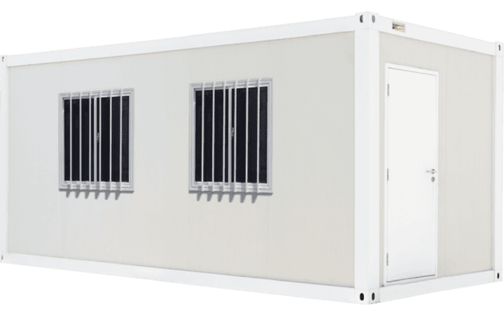 Detachable container house exterior illustration with white panels, barred windows and a side door