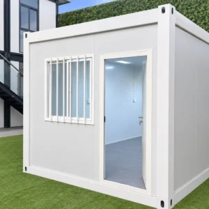 White detachable container house with a glass entrance door, window and insulated wall panels