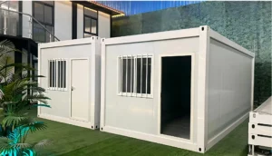 Detachable container house product display with steel frames, white wall panels and security windows