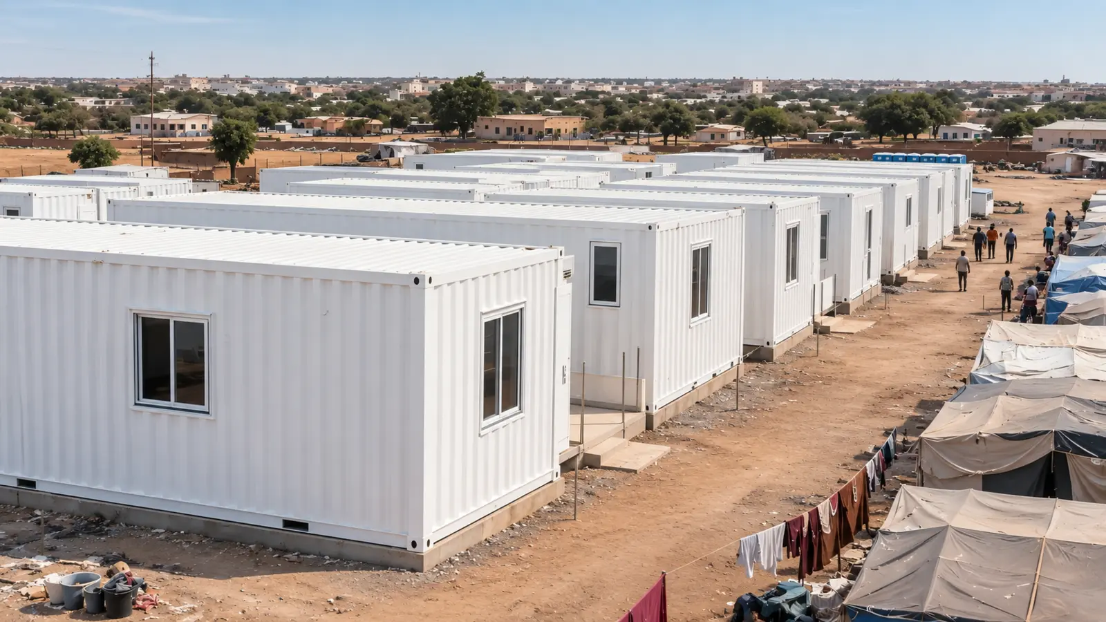 Rows of modular housing units beside temporary tents in an emergency shelter setting