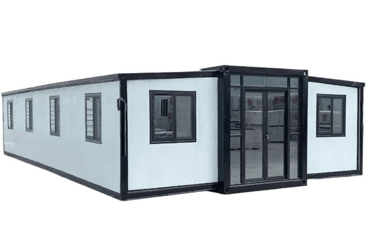 Expandable container house exterior illustration with a black frame, expanded side sections and glazed entrance