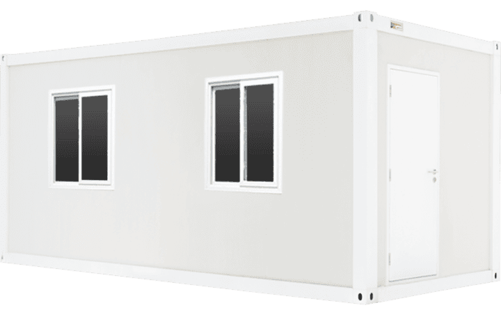 Flat-pack container house exterior illustration with white panels, two windows and a side door