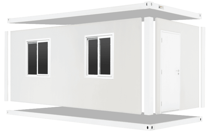 White flat-pack container house exterior with two windows and a side door