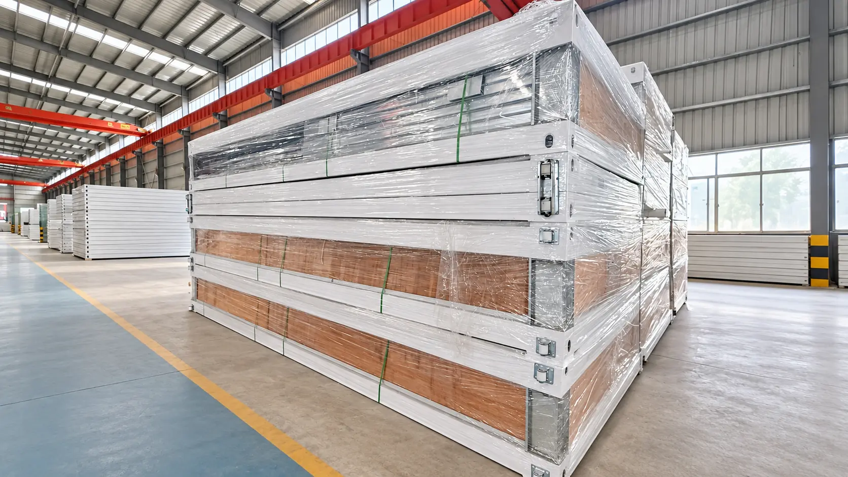 Wrapped modular units stacked and secured with straps inside a manufacturing workshop