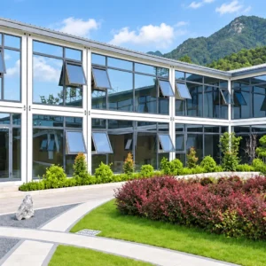 Two-story flat-pack container office building with glass walls and a landscaped courtyard.