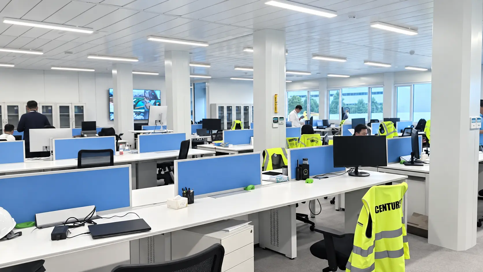 Interior de oficina modular con escritorios y puestos de trabajo