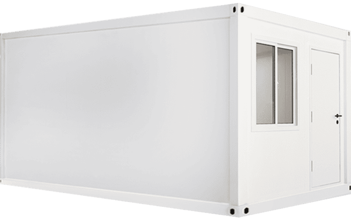 Folding container house exterior illustration with white panels and a side window and door
