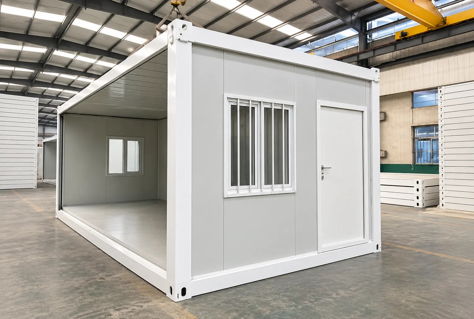 Grey folding container house with an entrance door, security window and one open side inside a factory