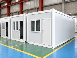 White folding container house units with doors and barred windows displayed inside a factory