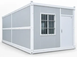 Grey folding container house with a steel entrance door and barred sliding window.