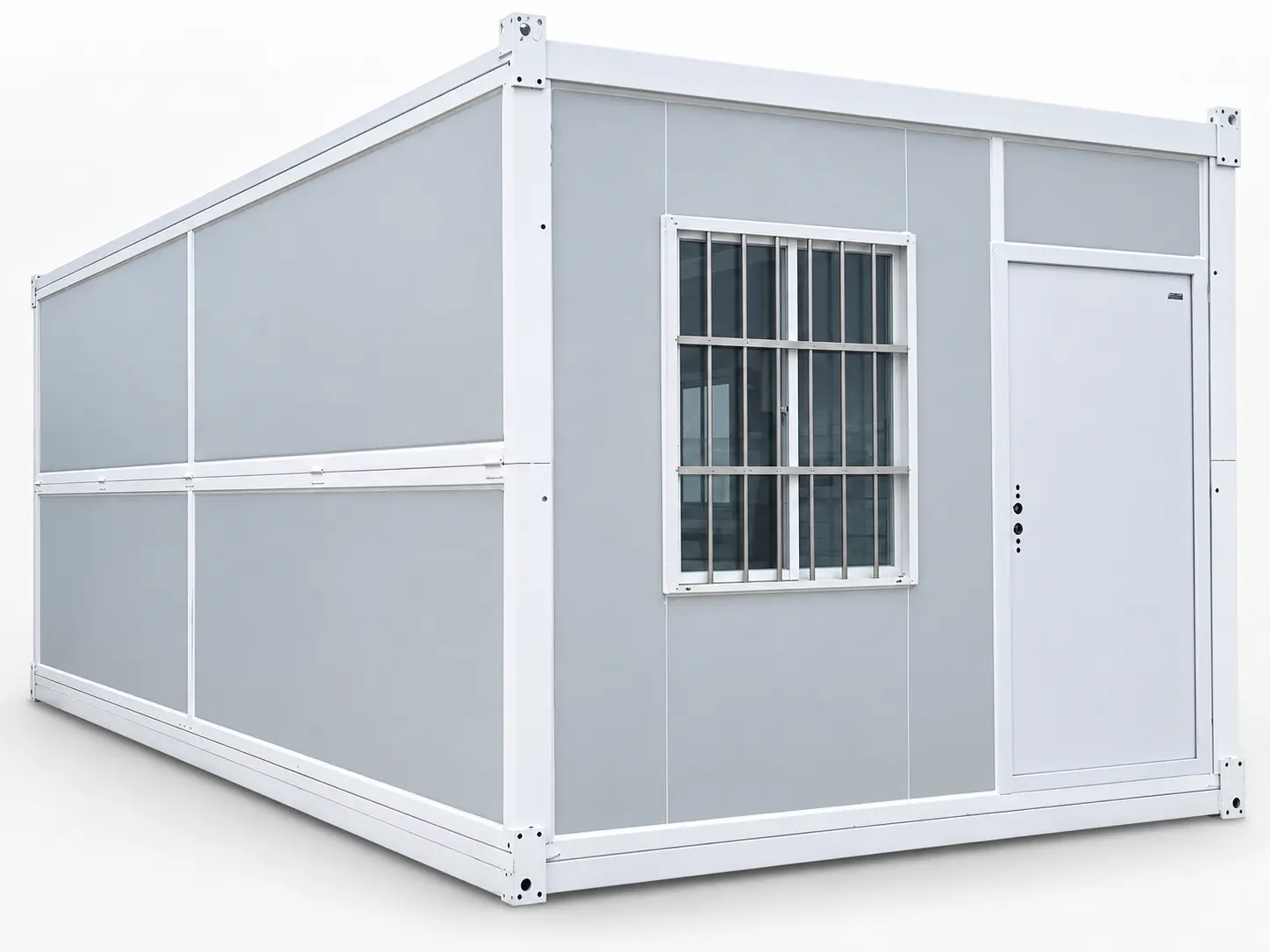 Grey folding container house with a steel entrance door and barred sliding window.