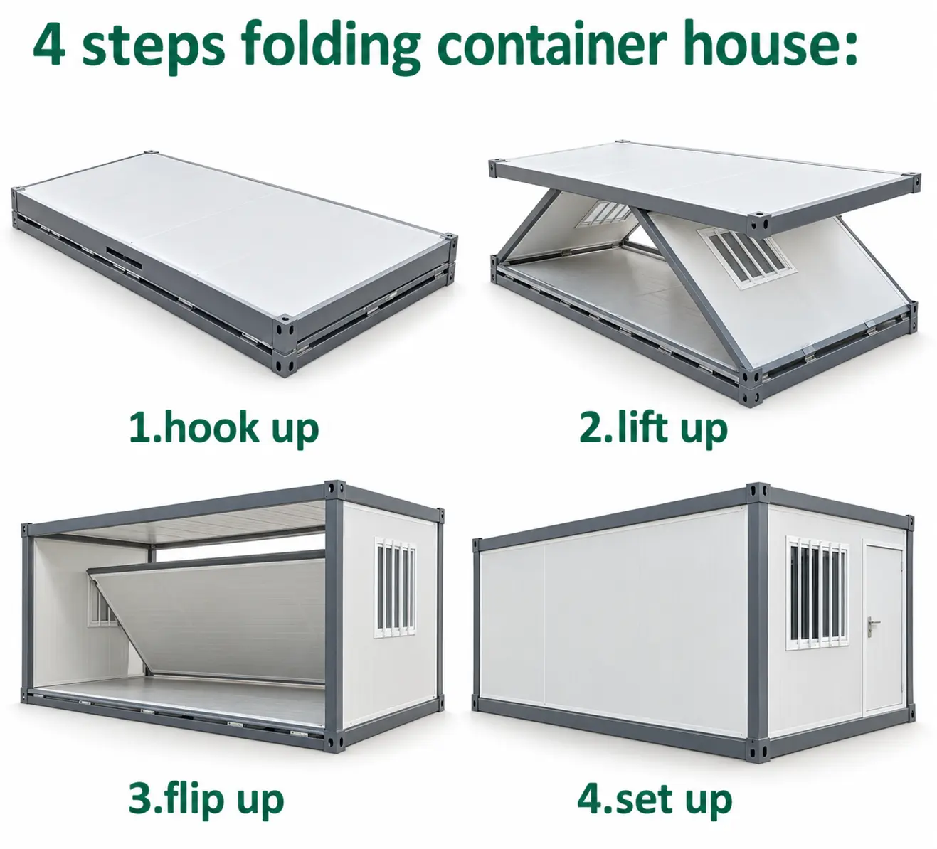 Four-step folding container house installation process from lifting the roof to setting up the completed unit.