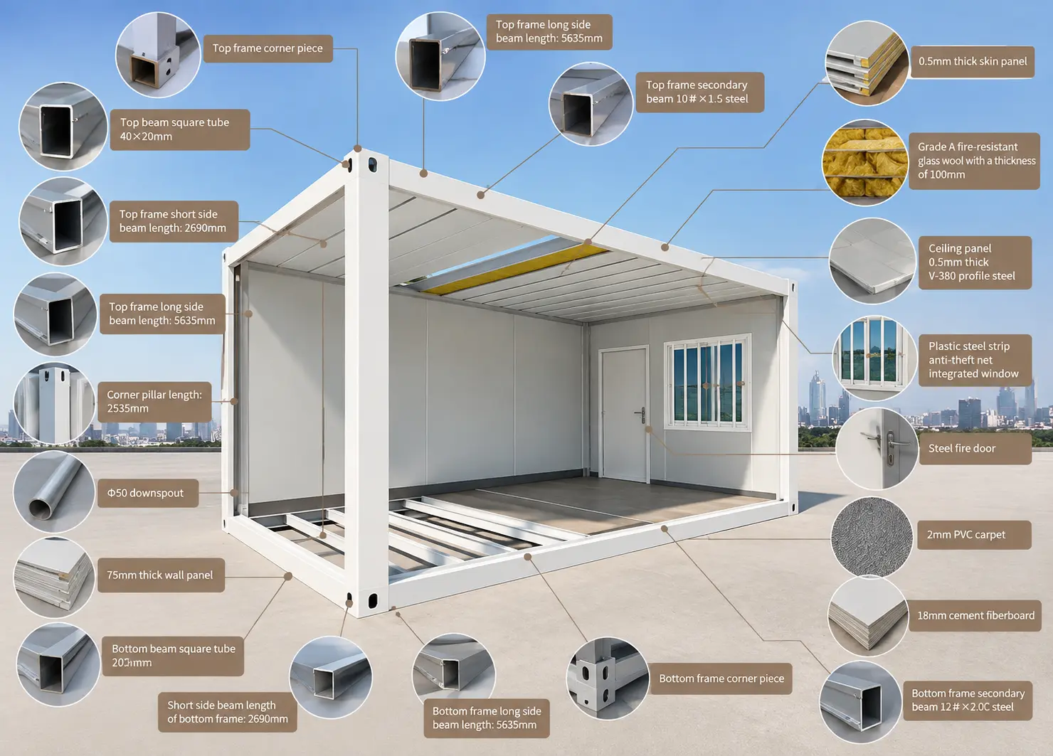Folding container house diagram identifying the steel frame, insulated panels, windows, door and flooring materials.