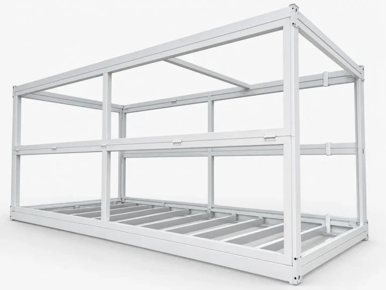 White steel frame of a folding container house with floor joists and folding side beams