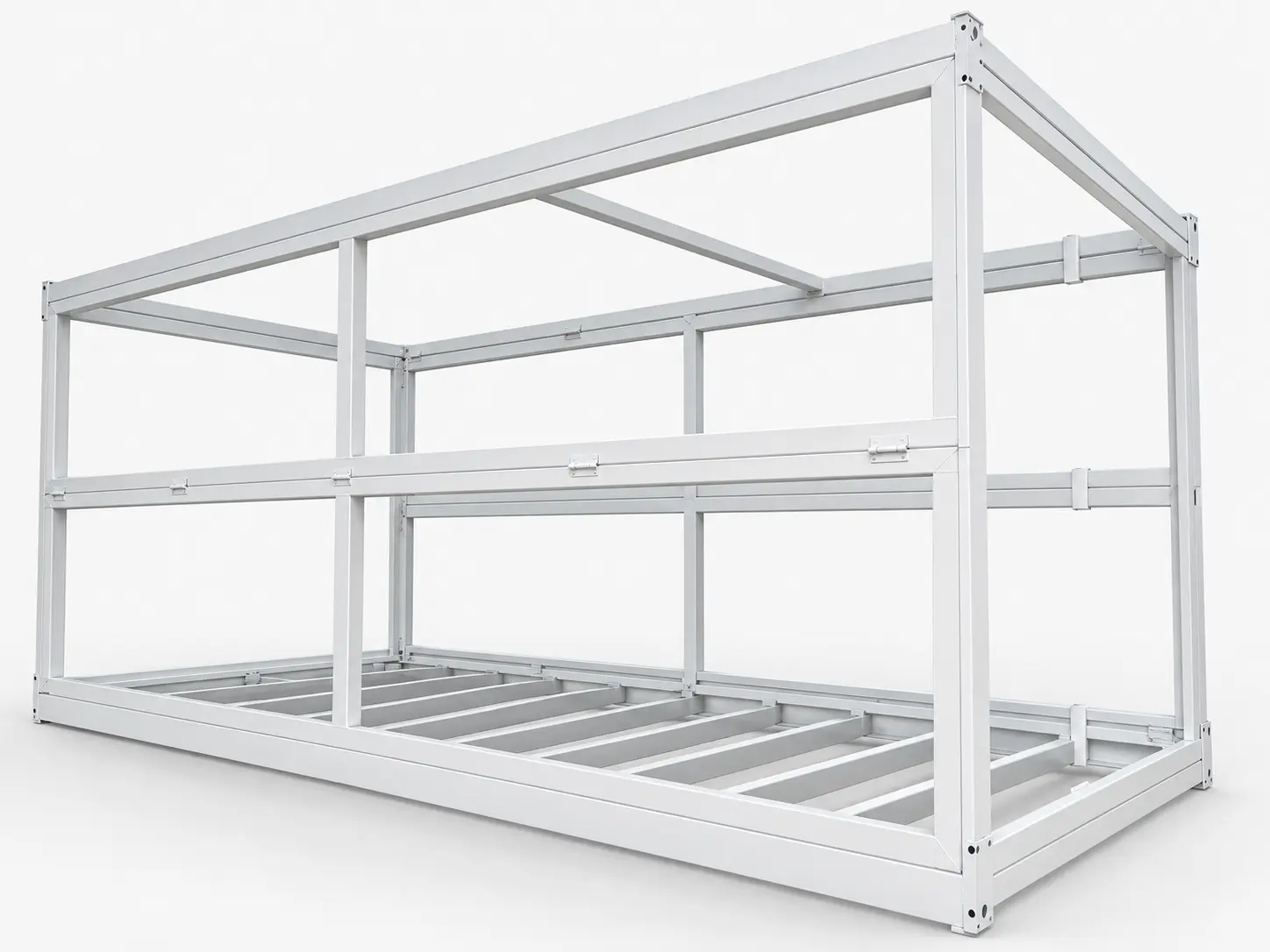 White steel frame of a folding container house with floor joists and folding side beams
