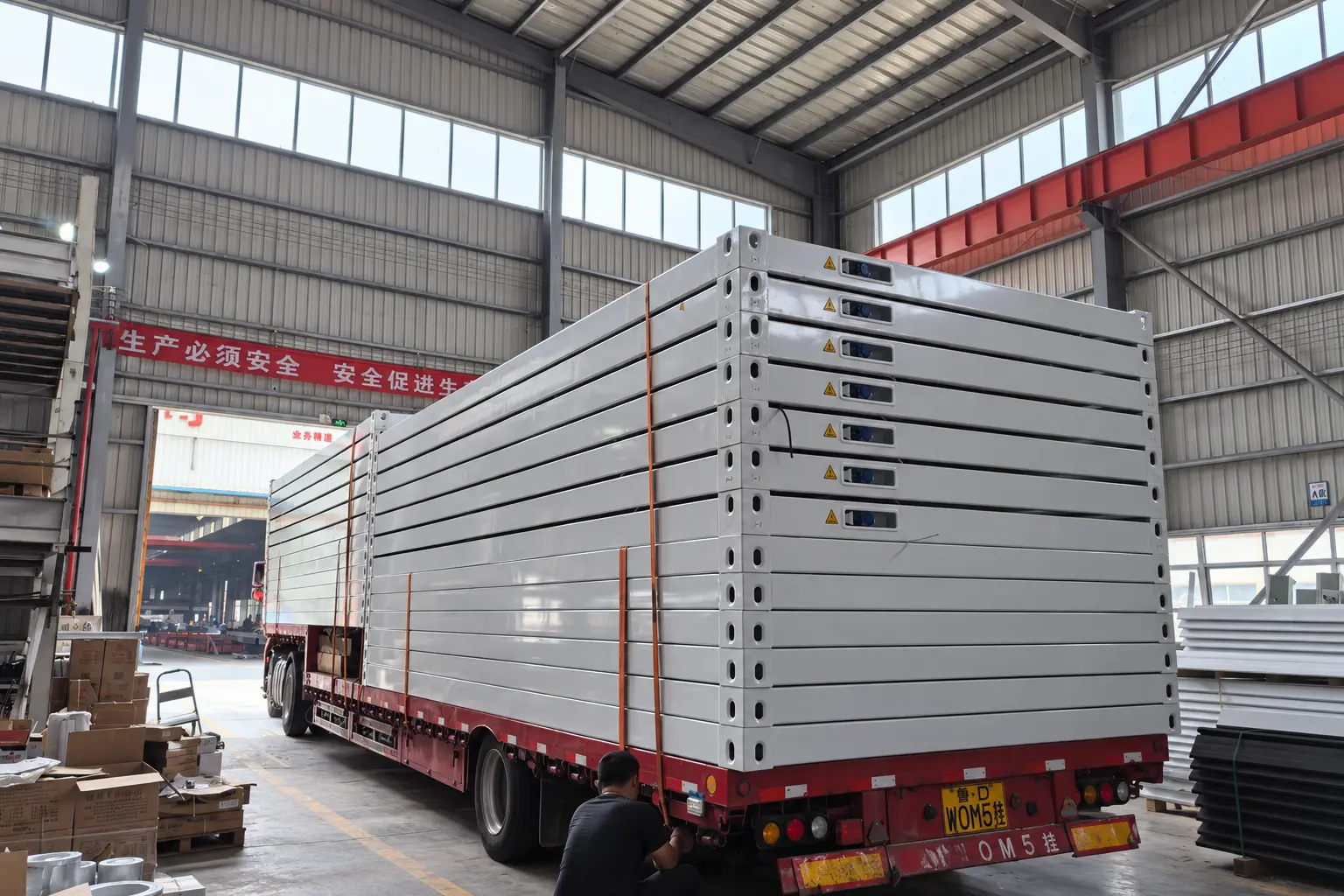 Folded container house units stacked on a flatbed truck for transport