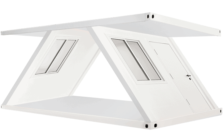 Folding container house partially unfolded with the roof raised and wall panels angled