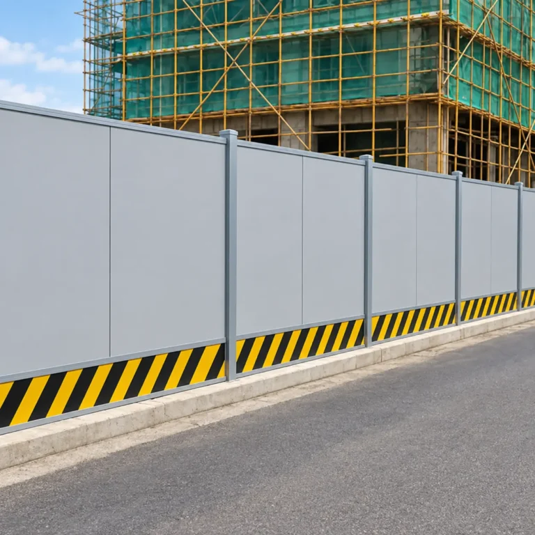 Gray construction site hoarding with black and yellow safety stripes by premiummodularhouse.
