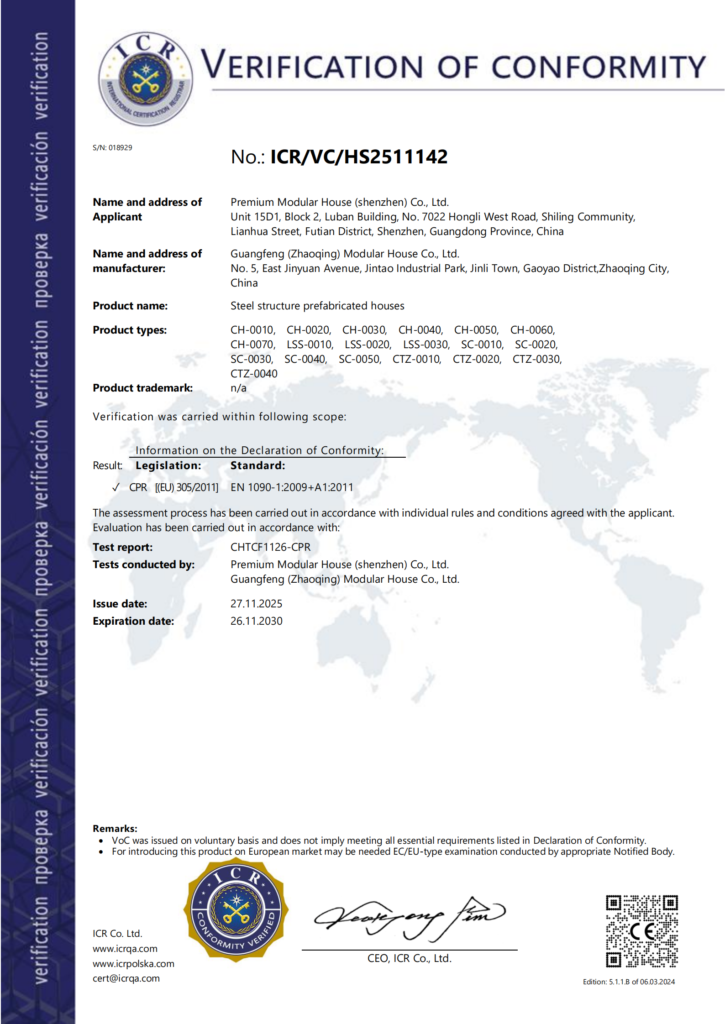 ICR verification of conformity for Premium Modular House steel structure prefabricated houses
