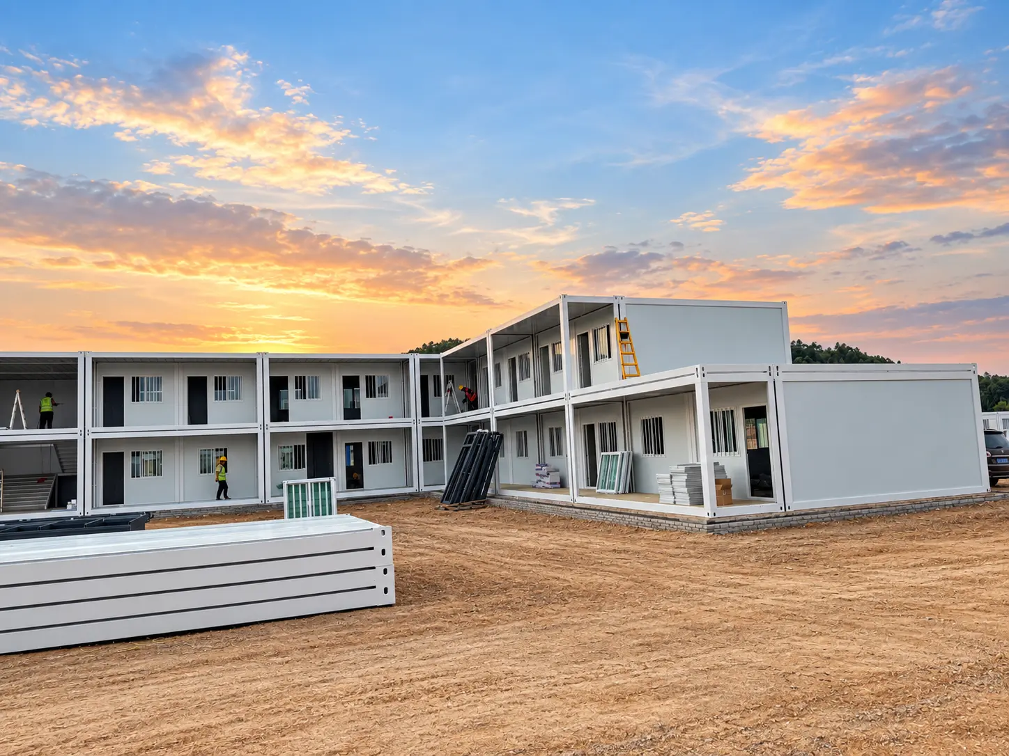 L-shaped two-storey modular building during site assembly