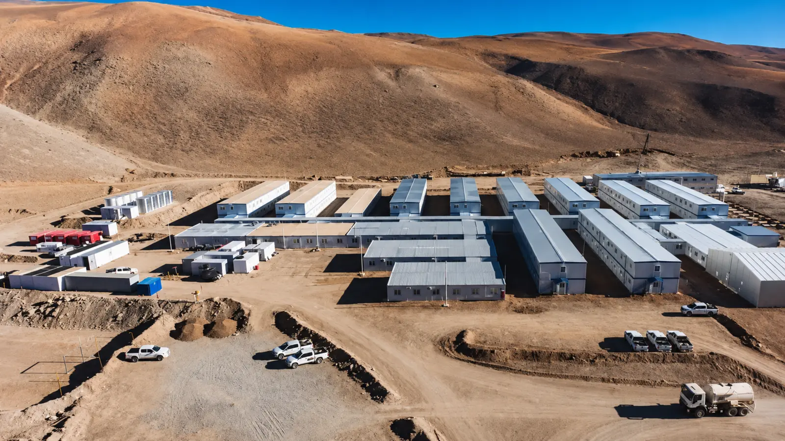 Aerial view of modular camp buildings and internal roads in a remote mountainous area
