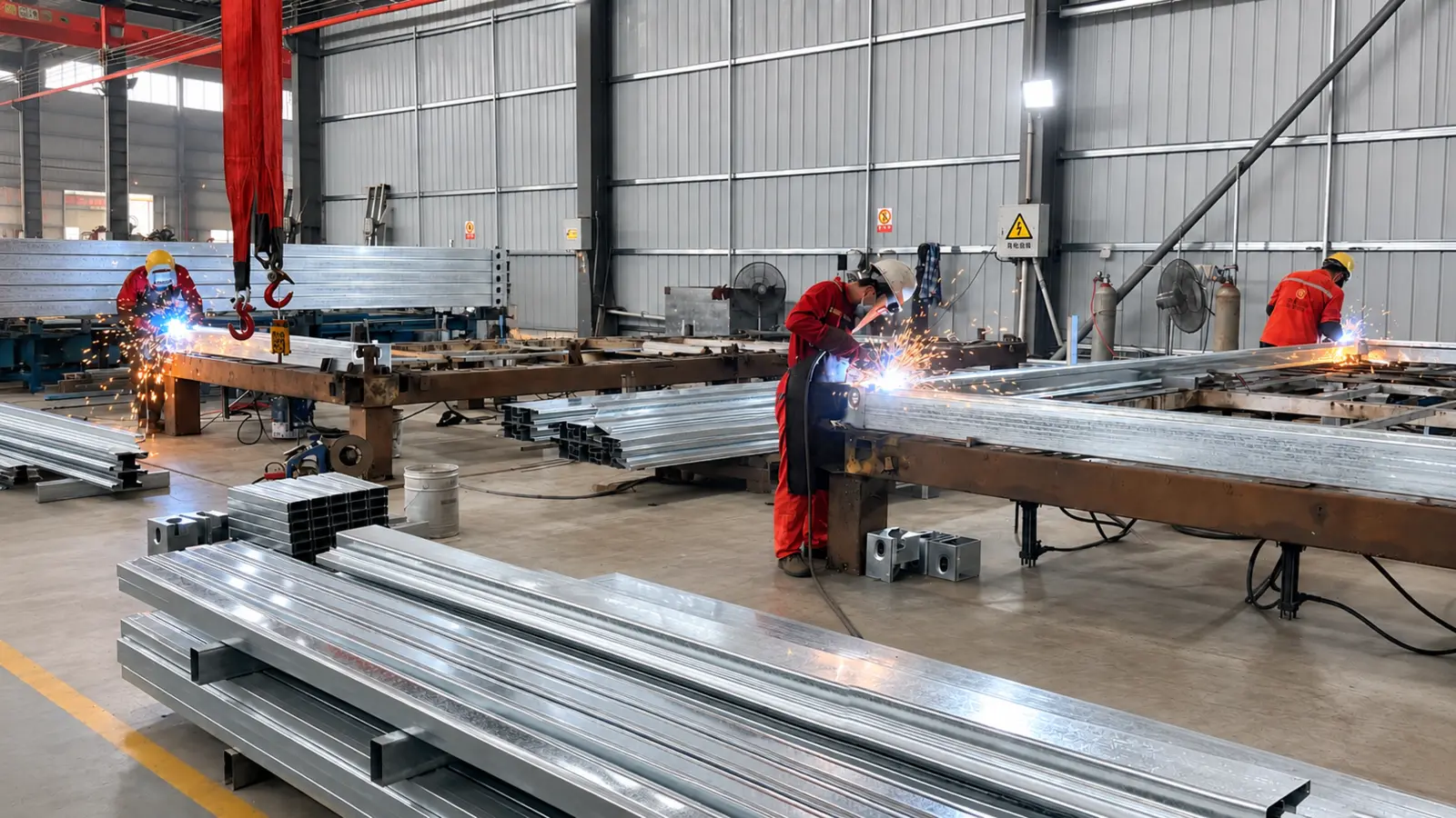 Premium Modular House workers welding galvanized steel frames in a modular building factory.