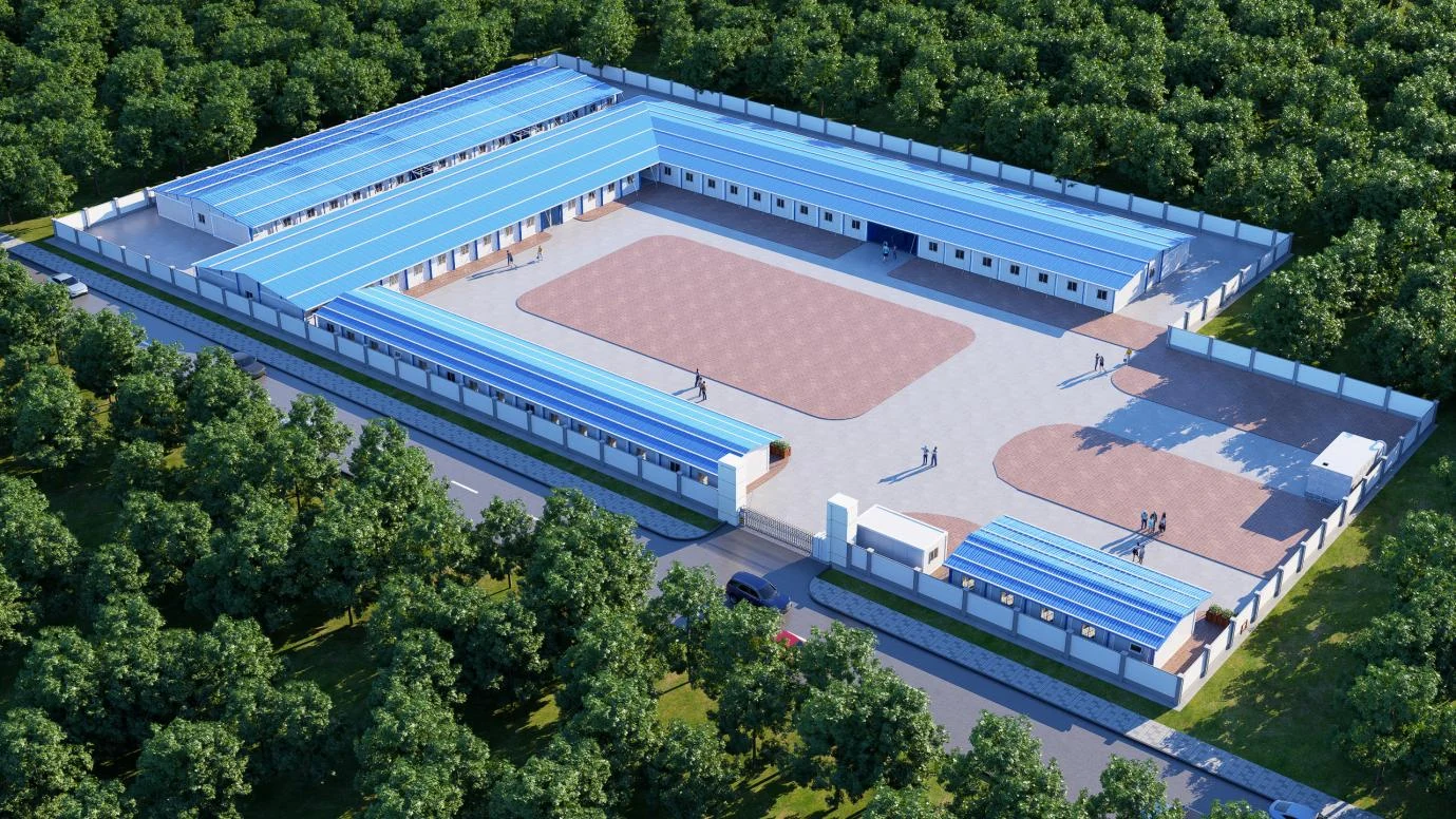 Concept rendering of a modular camp arranged around a central courtyard